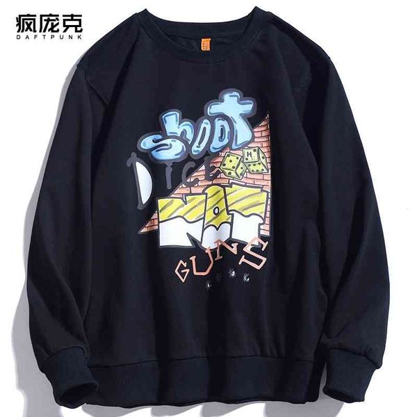 

round necked sweater men's trendy hip hop graffiti casual coat loose student autumn long sleeve, Black