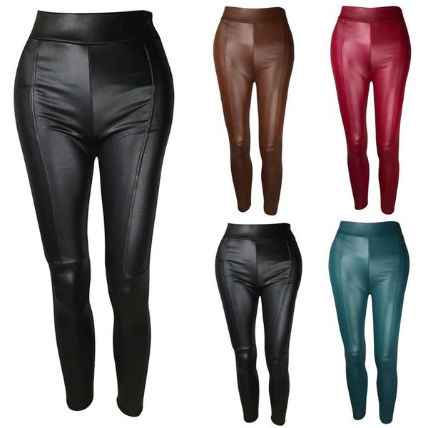 

women's leggings fashion womens solid splice casual trousers leather tight pants, Black