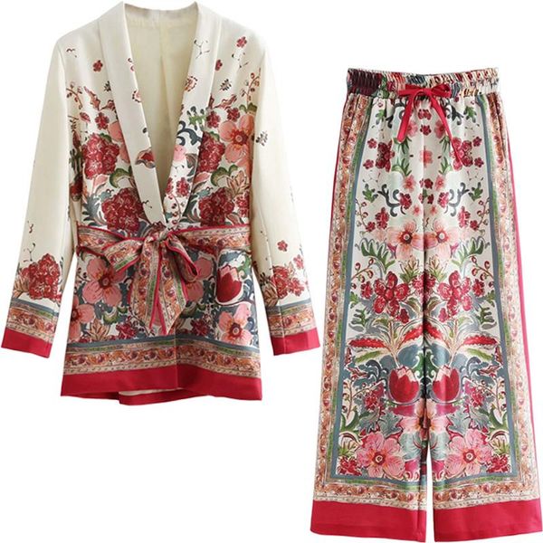 

women suit spring autumn female vintage flower pattern blazer european casual print trousers two piece set wide leg pants 2pcs women's, White