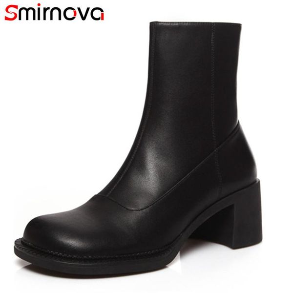 

boots smirnova 2021 vintage ankle women genuine leather shoes zipper round toe thick heel casual ladies, Black