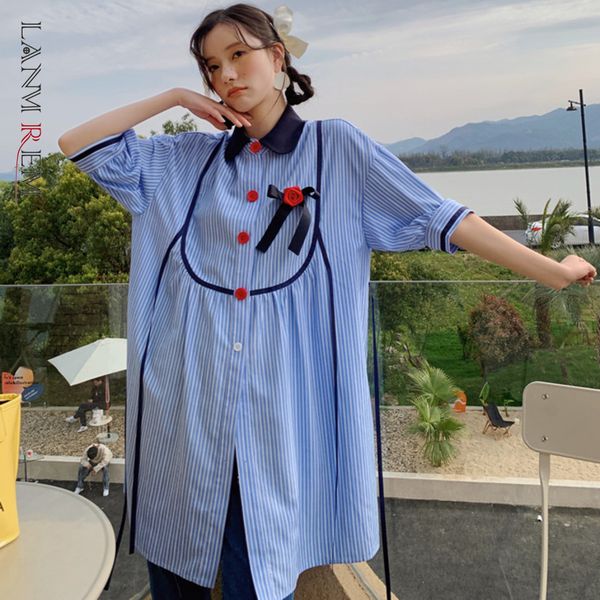 

women t-shirt striped rose flower bow lapel short sleeve shirts loose fit female fashion summer 2h146 210507, White