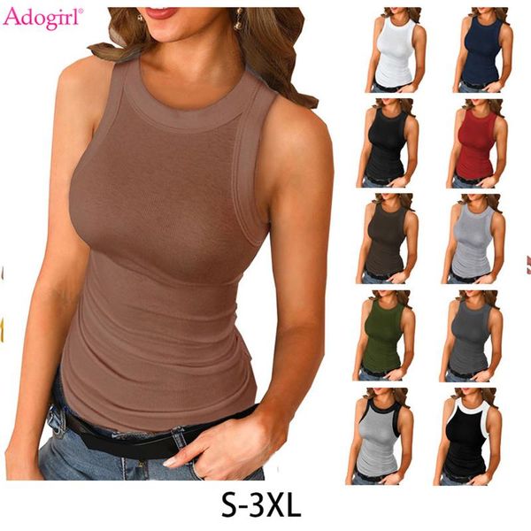 

women's tanks & camis adogirl women ribbed tank round neck sleeveless stretchy slim vest female fashion tee shirts drop wholesale, White