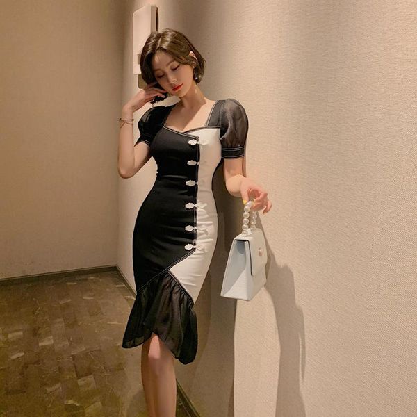 

casual dresses women singer button cheongsam retro wrap ruffle fashion dress for clothing 2021 chinese qipao contrast vintage black, Black;gray