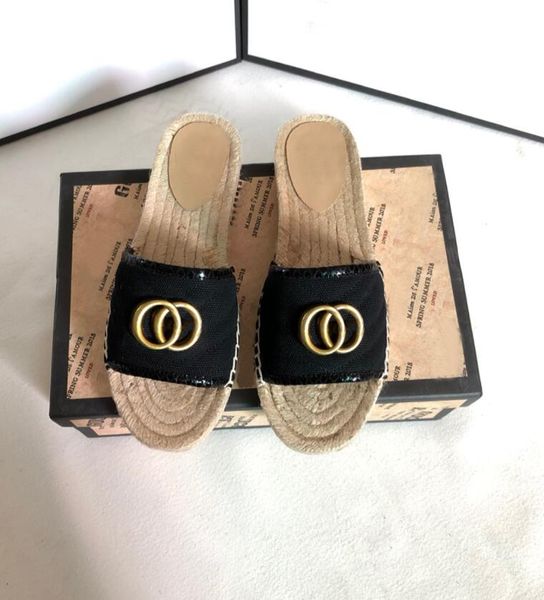 

designer summer platform casual sandals fashion golden letter flat bottom ladies fisherman shoes leather hemp rope grass lace woven large si, Black