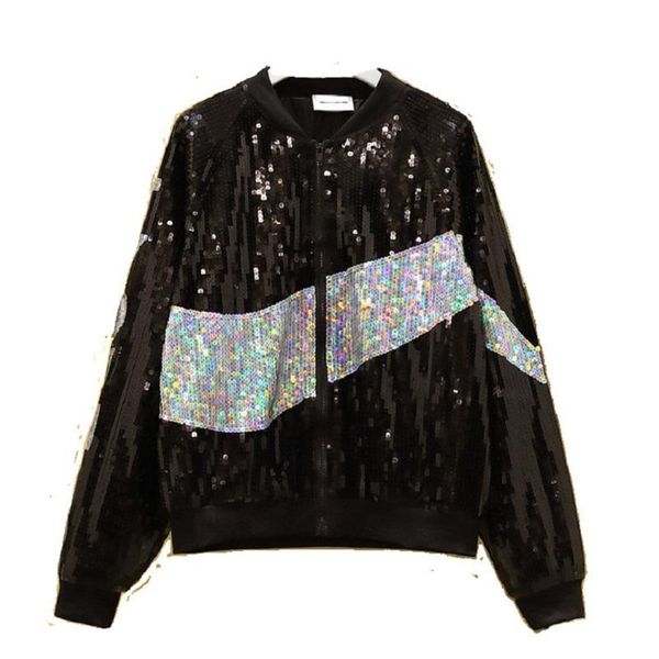 

women sequins jackets celebrity hiphop punk bling coat long sleeves baseball uniform female loose outerwear women's, Black;brown