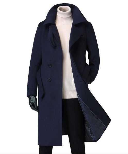 

men's wool & blends woolen trench coat for fall/winter british high-end belt thick slim, Black