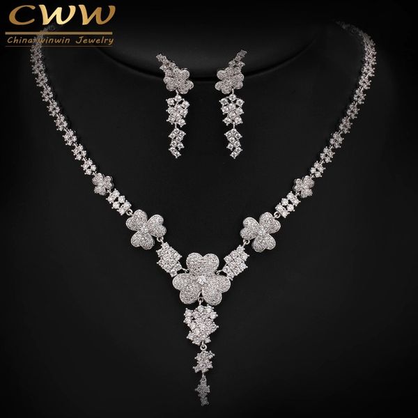 

luxury aaa cubic zirconia micro paved big bridal earrings necklace jewelry sets for wedding engagement party t250 210714, Silver