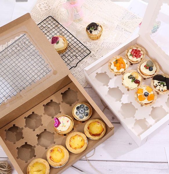 

gift wrap 10pcs 12 cavity portable cardboard cupcake boxes and packaging cup cake box with window container muffin insert