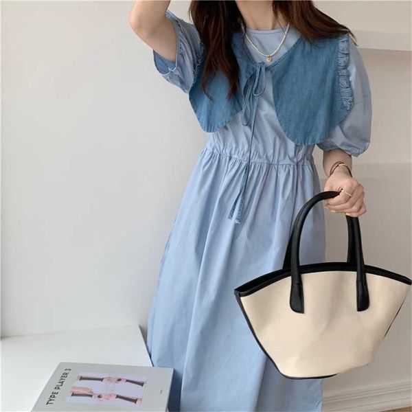 

solid sweet girls gentle summer puff sleeves vintage ol casual long dresses vestidos with detachable denim shawl 210525, Black;gray