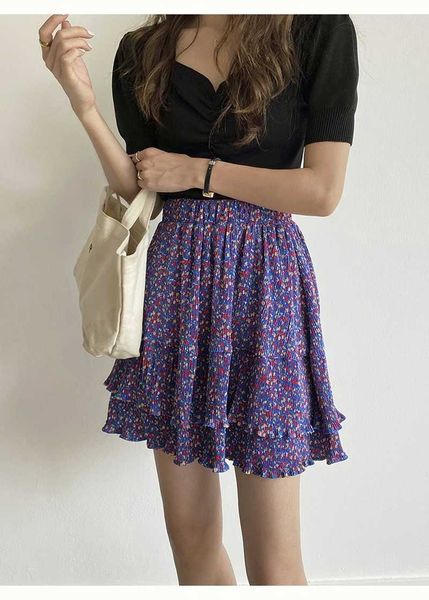 

floral print pleated skirt women's summer ruffles elastic waist mini 210607, Black