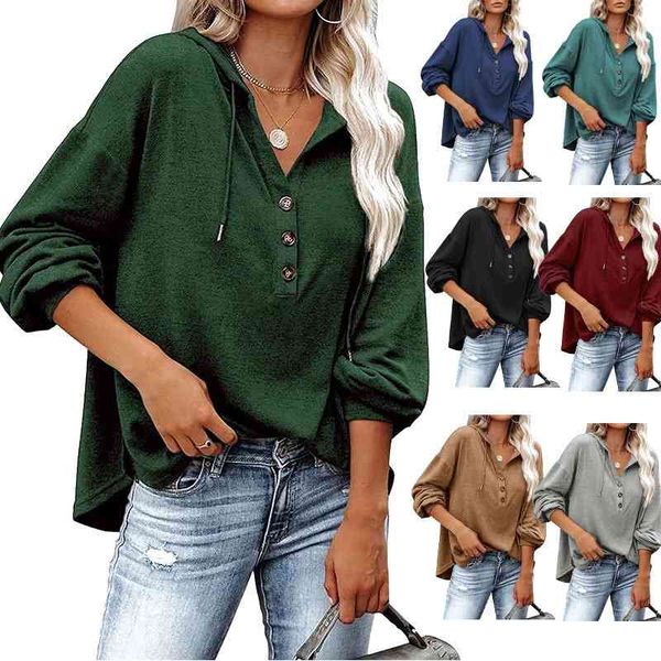

2021 women's loose v-neck long sleeve sweater button down sports hoodie, Black