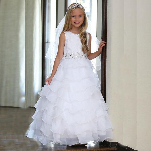 

girl's dresses 2021 modern latest white tiered skirt flower girls sleeveless jewel neck holy communion gowns lace beaded bow back, Red;yellow