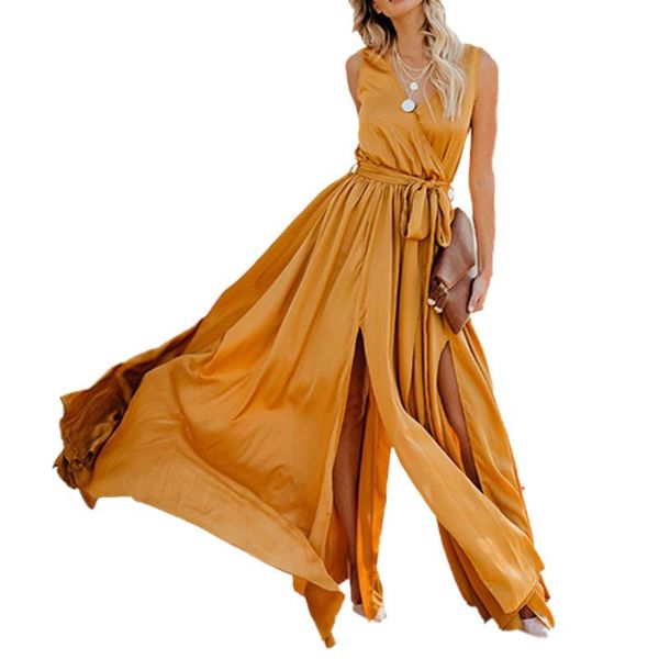 

casual dresses women summer boho sleeveless v-neck dress fashion split solid color for ladies girls 2021 evening party, Black;gray
