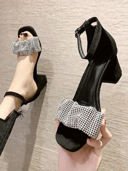 

sandals fashion womens shoes 2021 all-match buckle strap high heel med suit female beige luxury summer retro high-heeled vel, Black