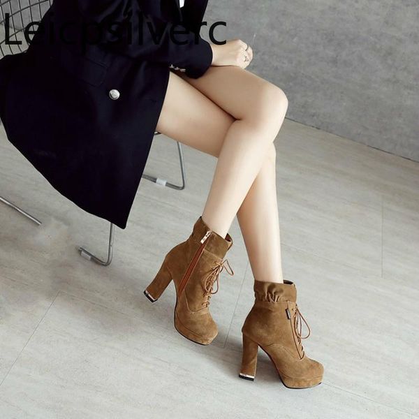 

boots women's winter the flock round head lace-up zipper thick heel high short tube shoes plus size 34-43, Black