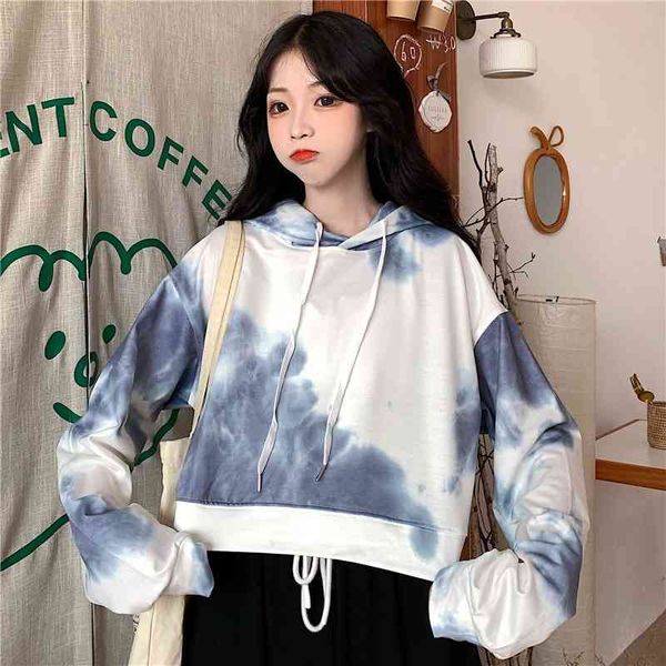 

6535 cotton 2021 spring and autumn new korean short thin hooded sweater female tie dye printed student top, Black