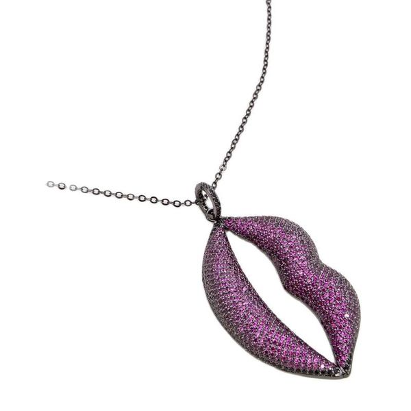 

pendant necklaces jk 30x55mm golden plated cz pave lip chain necklace for women, Silver