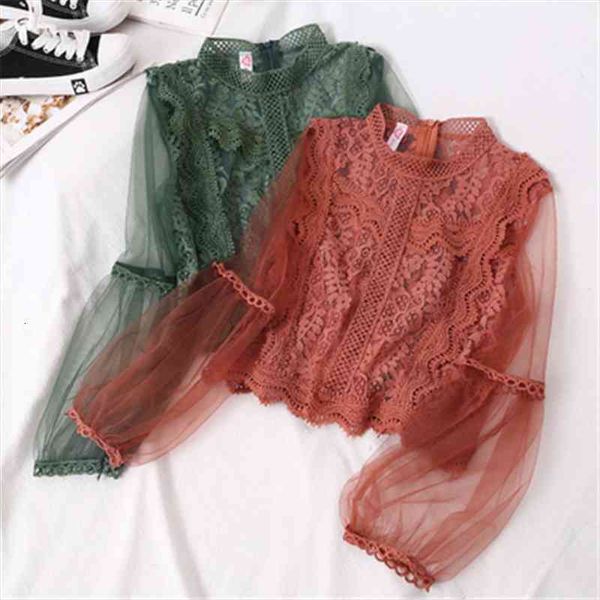 

arrival ladies mesh lace hook flower lantern sleeve loose retro short pullover blouse women fashion cute suits pz3278, White