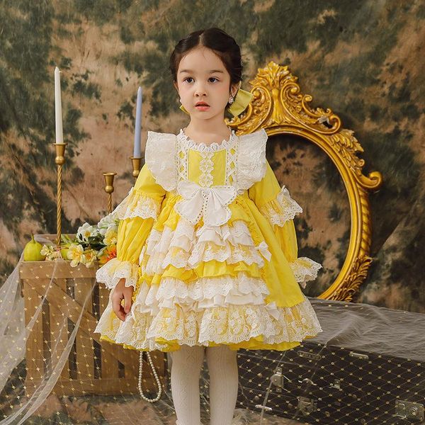 Abiti da ragazza 2021 Baby Girl Lolita Dress Vintage Spanish Kids Yellow Frocks Bambini Princess Ball Gown Lace Frock Girls Party