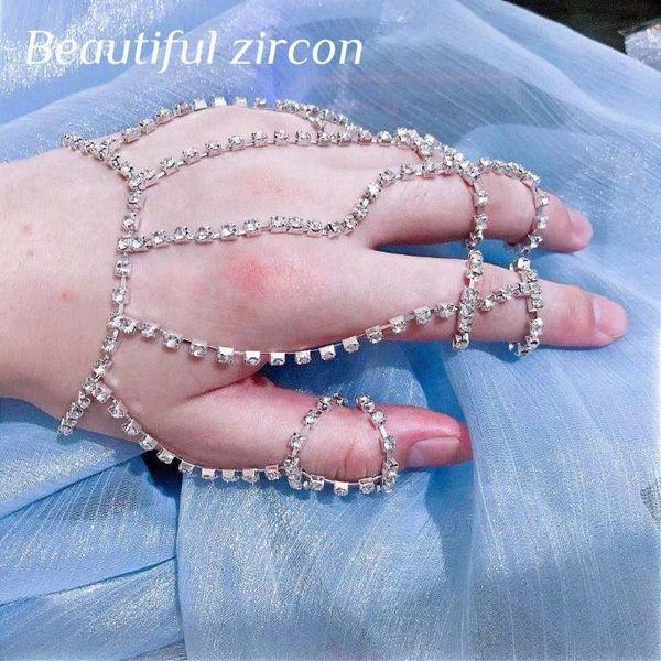 

link, chain fashion women rhinestone tassel full bracelet double rings shining crystal bridal jewelry stage performance accessories, Black