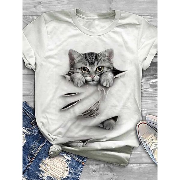 

geometric pattern women's fashion style 3d printing round neck casual streetwear summer basic short-sleeved t-shirt, White