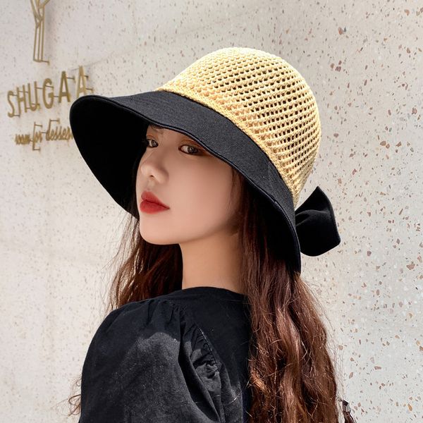 

hollow knitted fishing cap with stitching in spring and summer, Blue;gray