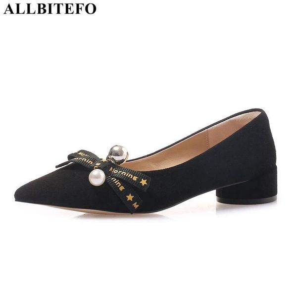 

dress shoes allbitefo fashion bowtie genuine leather low-heeled party women high heel office ladies heels, Black