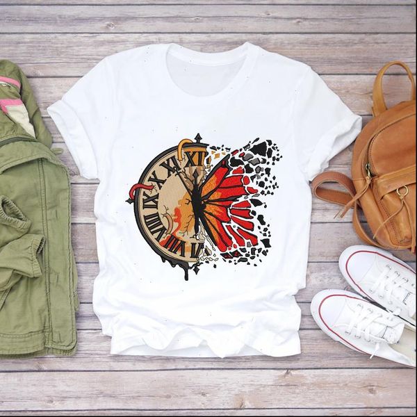 

butterfly vintage cute women t shirts short sleeve 90s trend print graphic, White