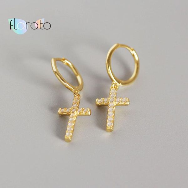 

hoop & huggie 925 sterling silver cross shaped earrings pave cubic zirconia pendant for women gift charm jewelry, Golden;silver