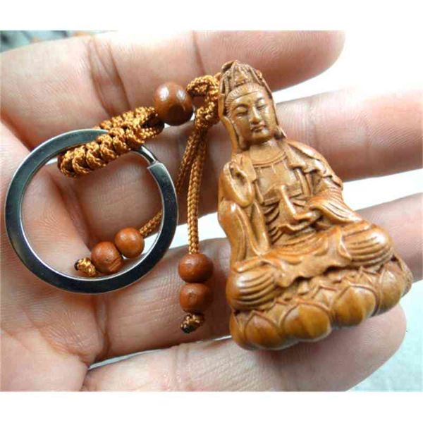 

natural mahogany three-dimensional engraving guanyin barrel keychain buddha key ring jewelry gift for men and women 1pc, Silver