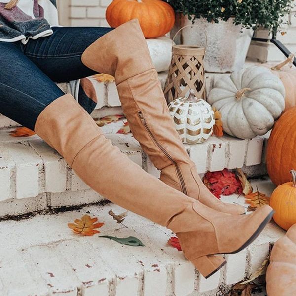 

boots women shoes winter fashion warm over the knee flock solid color mid-heel all-match ladies outdoor casual woman, Black