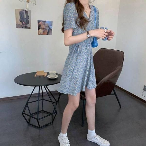 

casual dresses 2021 summer princess high waist chic dress women floral for feminine fashionable v-neck, Black;gray