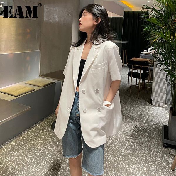 

women's suits & blazers [eam] women white double breasted big size blazer lapel half sleeve loose fit jacket fashion spring summer 2021, White;black