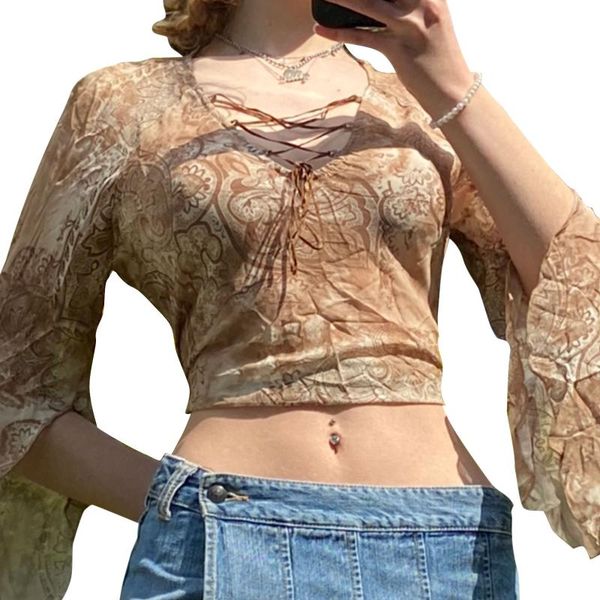 

women's blouses & shirts women y2k long sleeve crop shirt vintage harajuku streetwear fashion mesh yarn printing tie-up exposed navel b, White