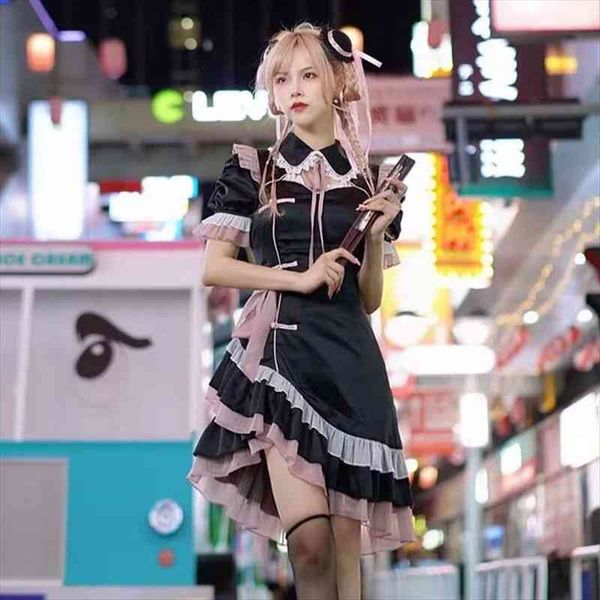 

punk lace lolita patchwork mini women dress pastel goth kawaii aesthetic egirl midi dresses fairy grunge emo alt summer clothes, Black;gray