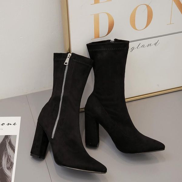 

boots women shoeswomen's chunky heels pointed toe high short boot ladies shoes, Black