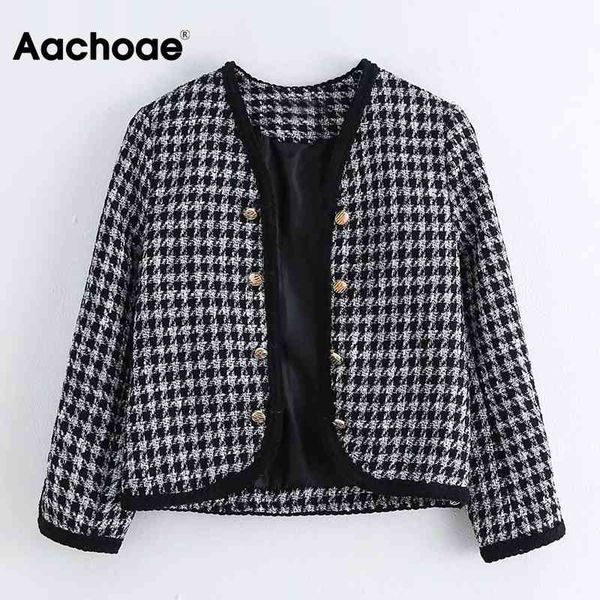 

aachoae vintage plaid tweed jacket coat with buttons women stylish v neck short cardigan houndstooth long sleeve jackets 210413, Black;brown