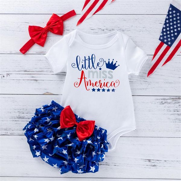 

clothing sets independence day baby girls clothes infant summer letter printing short sleeve round collar romper + star shorts bow headwear, White