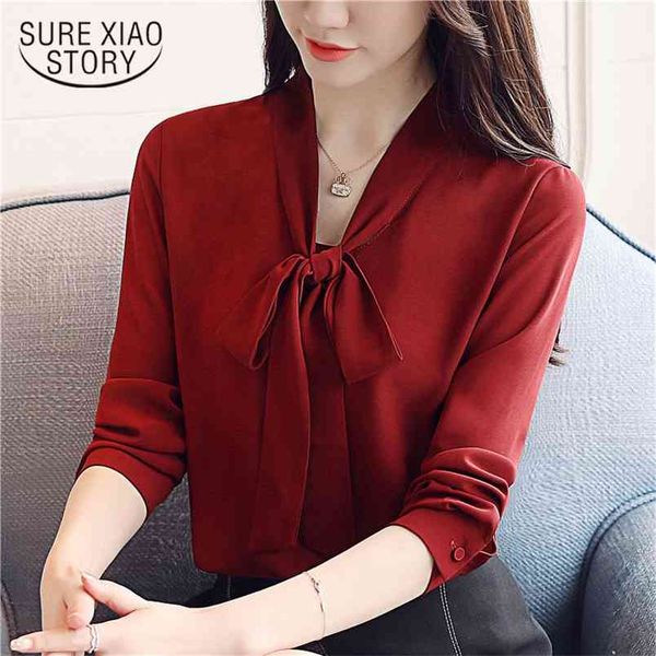 

spring women blouse autumn long sleeves bow tie ribbon chiffon shirts korean style white slim blusa 210421