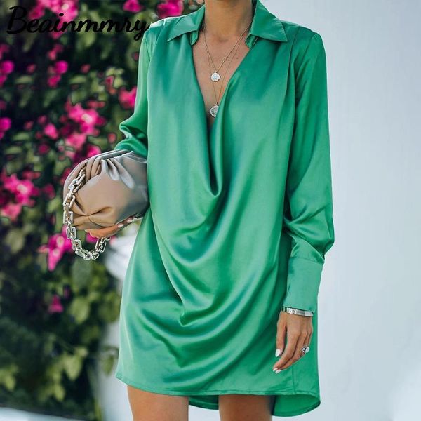 

casual dresses elegant women satin long sleeve solid mini 2021 summer female turn-down collar loose holiday party dress, Black;gray