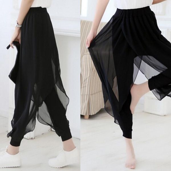 

1pcs fashion summer women chiffon split flared skirt pants boho wide leg loose trousers harajuku women's & capris, Black;white