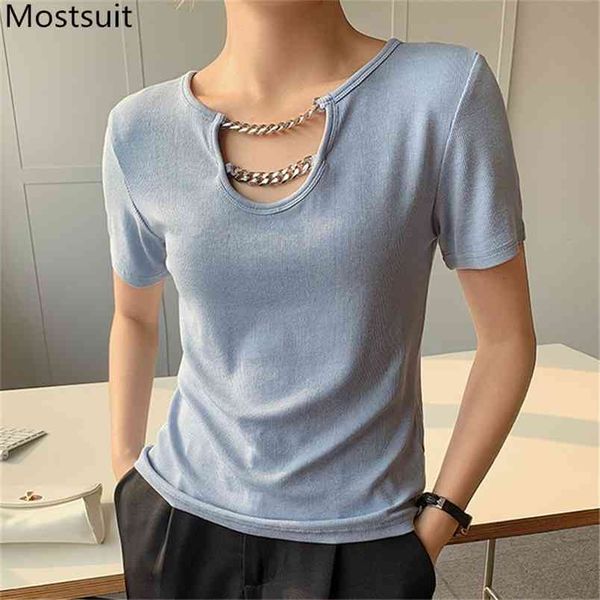 Estate alla moda catena T Shirt Top donna manica corta O-Collo Slim Solid Tees coreano moda casual Ladies T-shirt Femme 210513