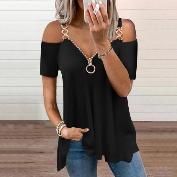 

women's blouses & shirts off shoulder blouse women clothing zipper chain v neck short sleeve solid knit loose fitting tee elegant, White