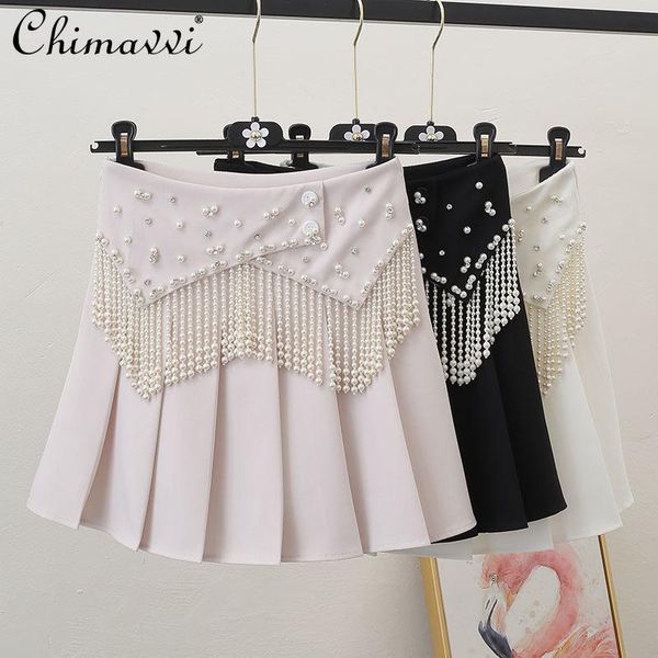 

women's pleated skirt 2021 spring pearl tassel diamond high waist slimming a- line with lining female clothing skirts, Black