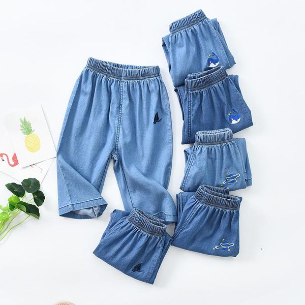 

trousers 2021 boys' thin denim seven-point medium boy embroidered washed tencel jeans children's wear, Blue