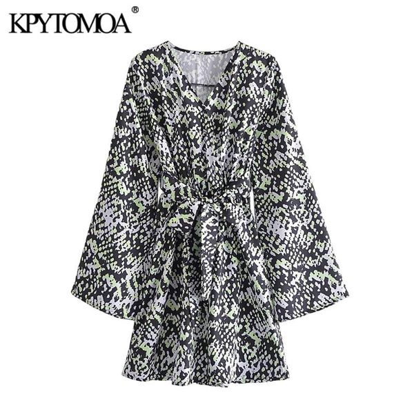 

casual dresses kpytomoa women 2021 fashion with belt green leopard print mini dress vintage v neck long sleeve female vestidos mujer, Black;gray