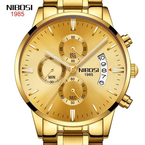 

wristwatches fashion stainless steel watches men 2021 nibosi waterproof chronograph quartz watch gold wristwatch for man, Slivery;brown
