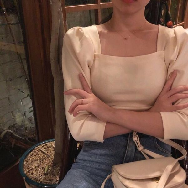 

women's blouses & shirts cbafu solid all match square collar shirt spring autumn korean chic puff sleeve ladies women blusas female blo, White