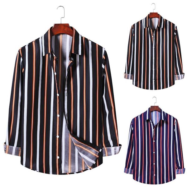

men's casual shirts long-sleeved striped contrast lapel blouse shirt men, White;black