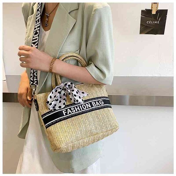 

classic new female fashion straw one shoulder diagonal cross tote bag silk scarf portable vegetable basket bag handbags